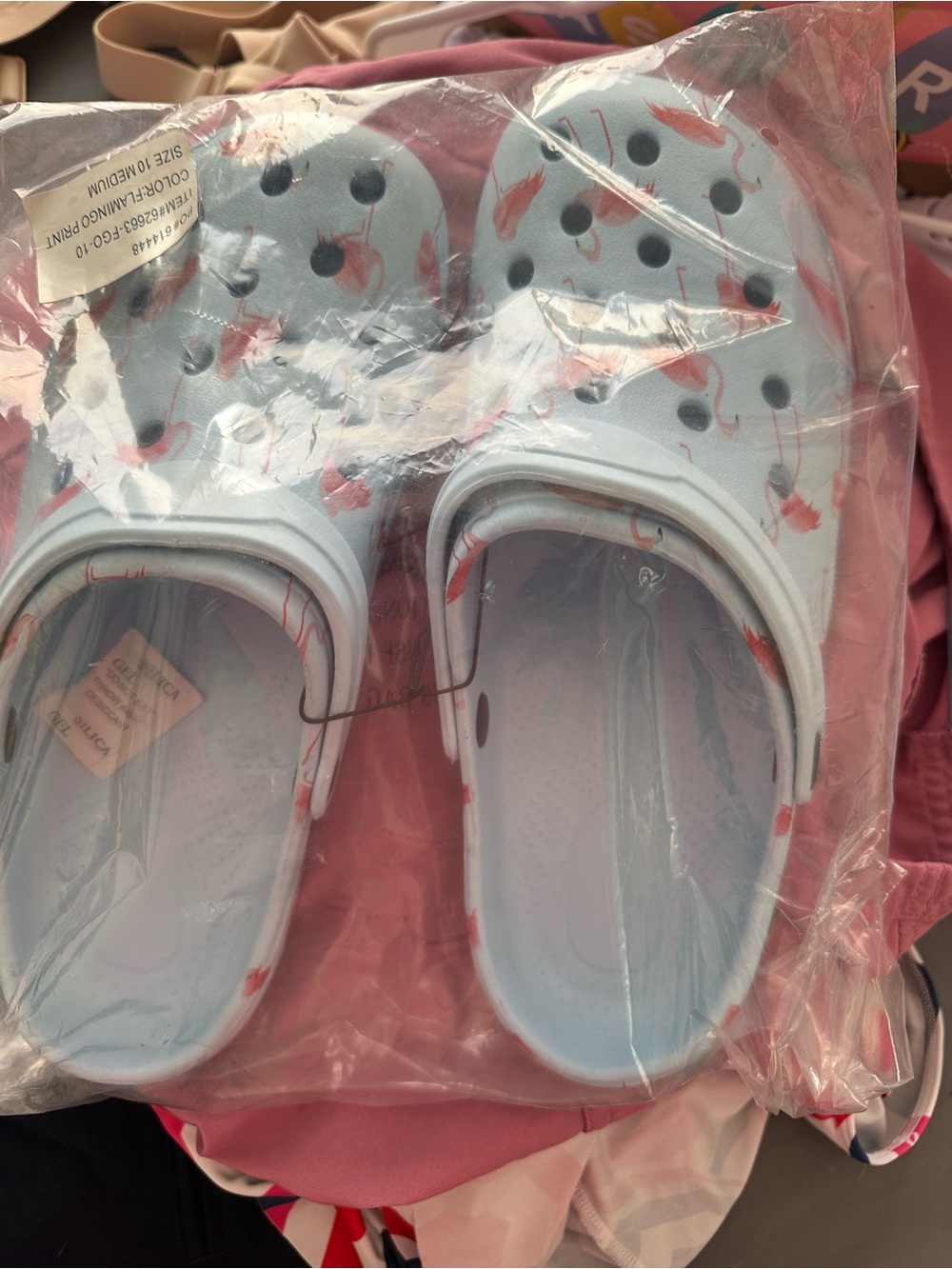 Source Unknown Light Blue Clog Sandals with Pink Flamingo Print